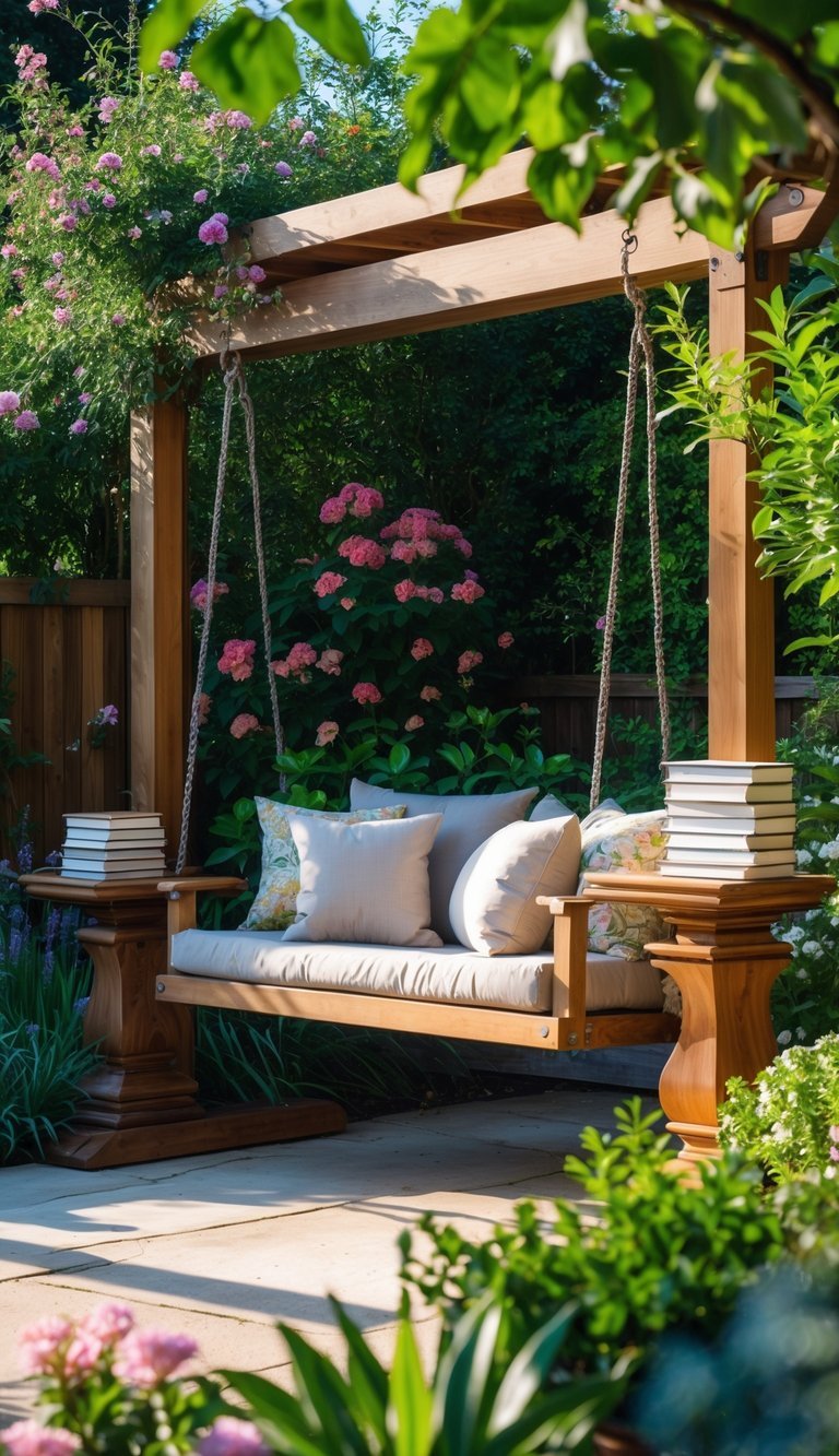 Outdoor garden nook with a swing bench and side tables holding books surrounded by plants and flowers.