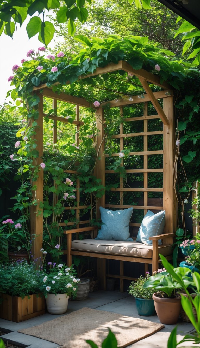 Outdoor garden nook with a wooden corner trellis covered in climbing plants and a cushioned bench surrounded by greenery.