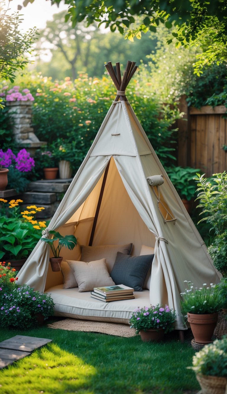 A garden tent or teepee set up outdoors on grass surrounded by flowers and plants, with cushions and books inside.