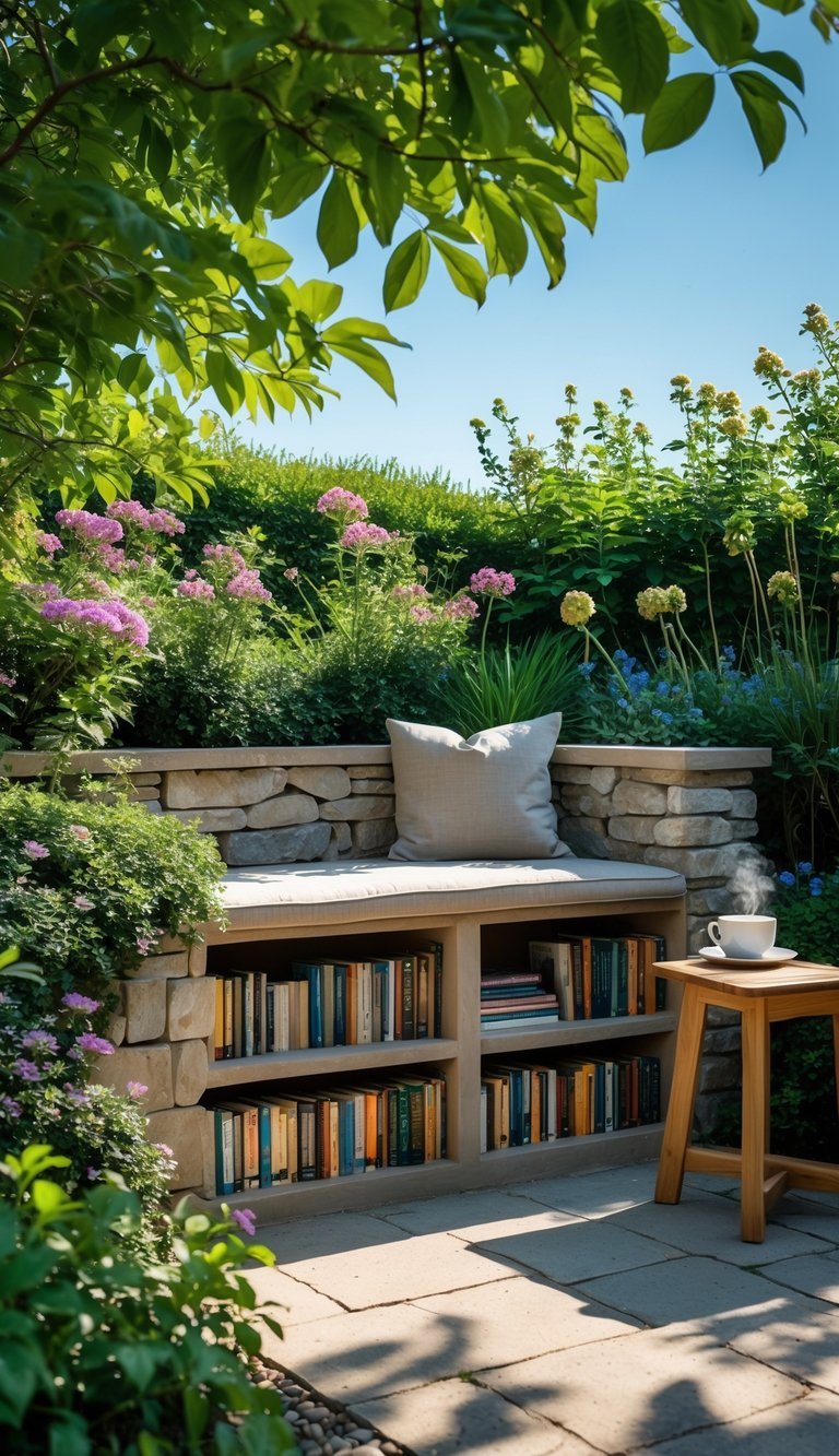 Outdoor stone bench with hidden book storage surrounded by plants in a garden reading nook.