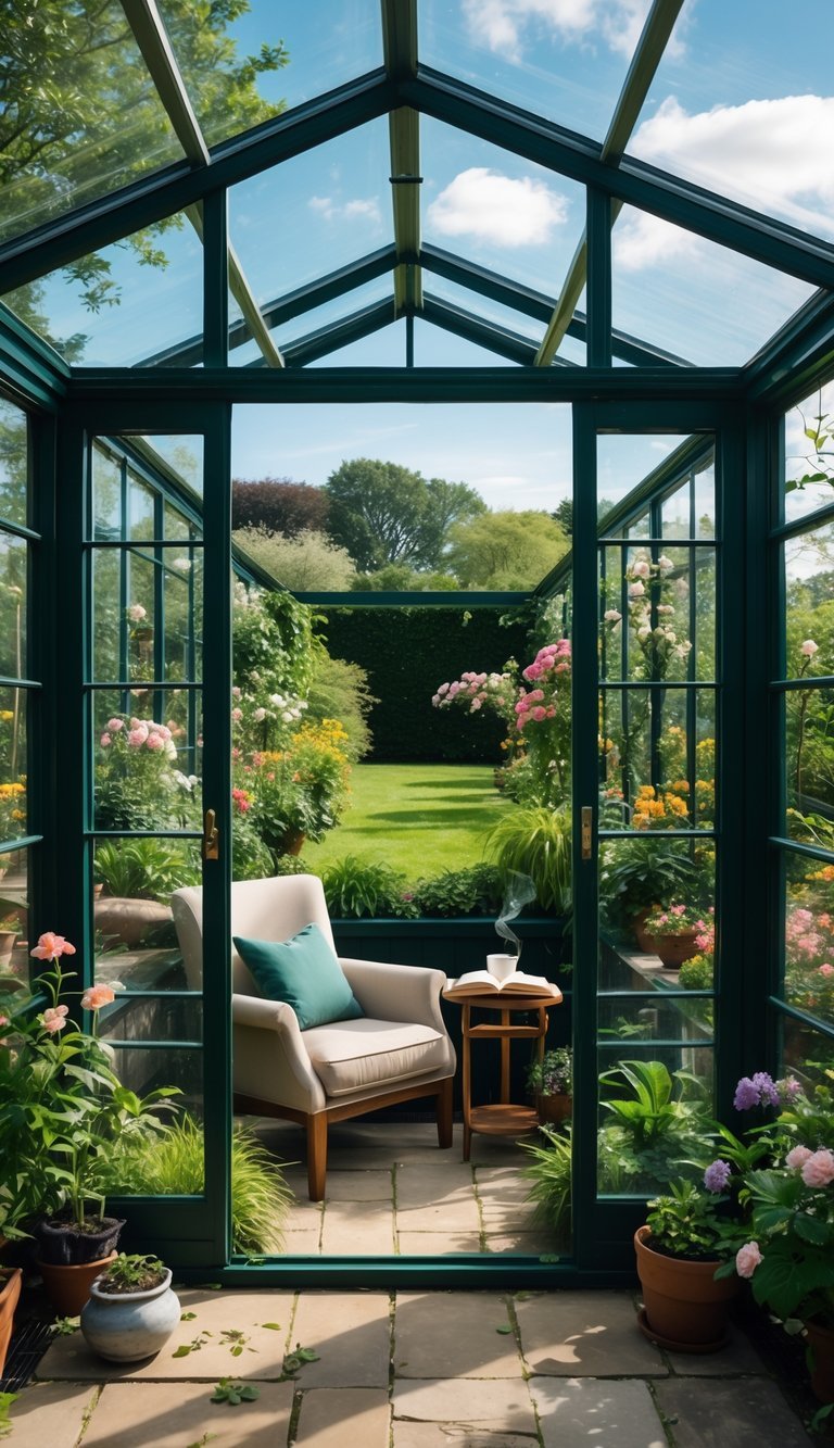 A cozy reading nook inside a glass greenhouse surrounded by plants in an outdoor garden.