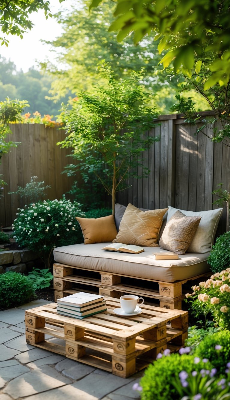 Outdoor garden nook with a bench made from wooden pallets surrounded by plants and books.