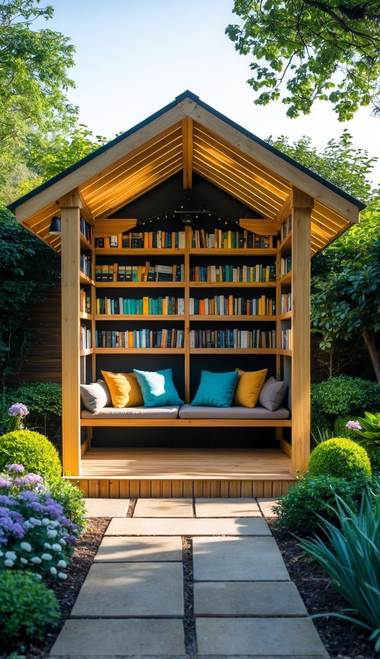 A cozy outdoor garden gazebo with built-in shelves filled with books, surrounded by plants and flowers.