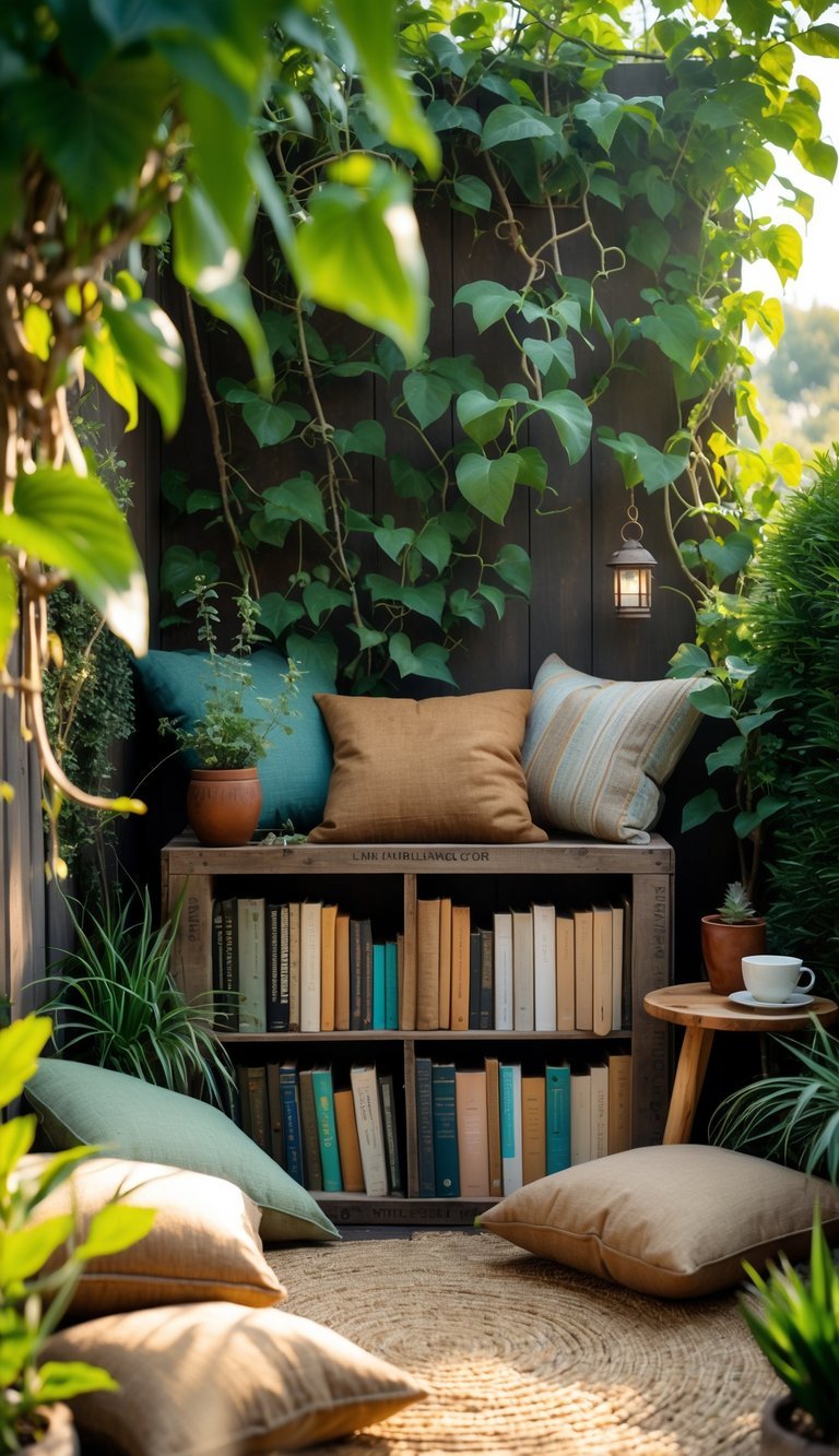 An outdoor garden nook with cushions, a crate bookshelf filled with books, plants, and soft natural light.