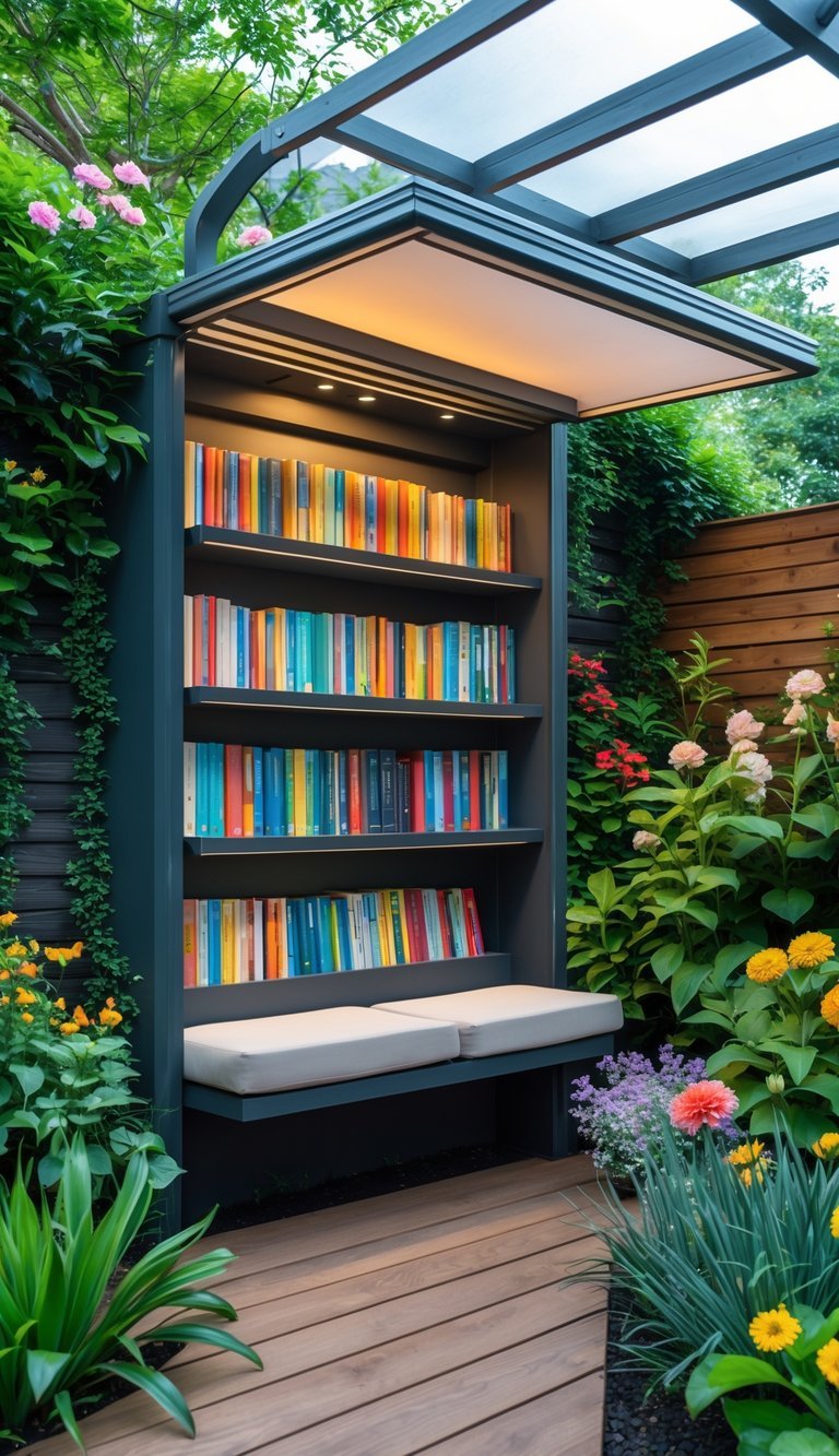 Waterproof bookcase mounted on a garden wall under a canopy surrounded by plants and flowers.