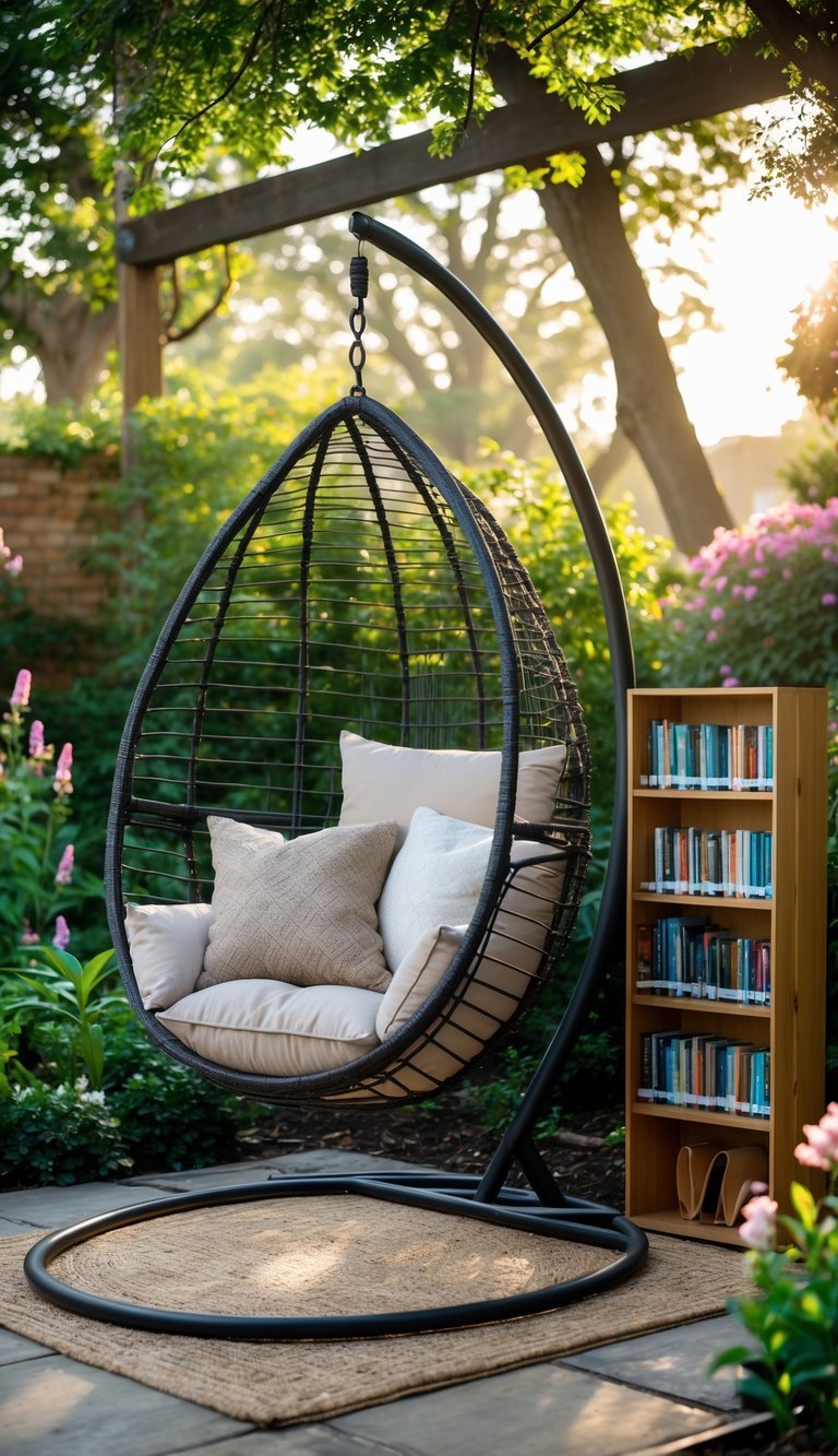 Outdoor garden nook with a hanging egg chair next to a portable bookshelf filled with books surrounded by plants and flowers.