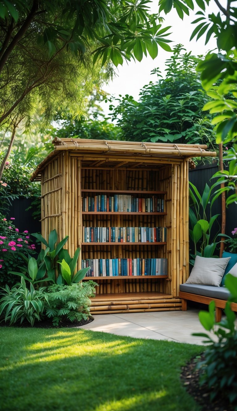 A small bamboo hut mini library in a garden surrounded by green plants and flowers with a cozy seating area nearby.