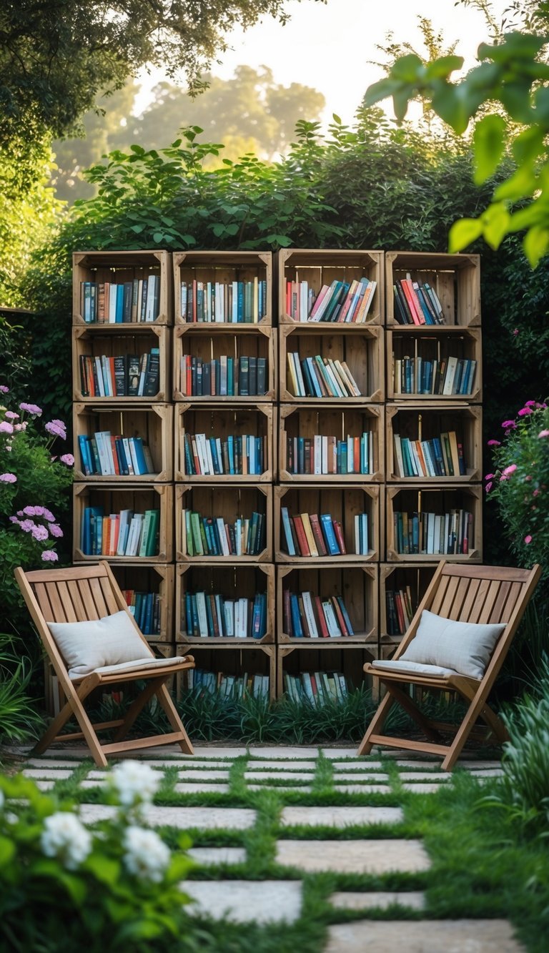Outdoor garden nook with a rustic wooden crate bookshelf filled with books and two foldable wooden chairs with cushions surrounded by greenery and flowers.