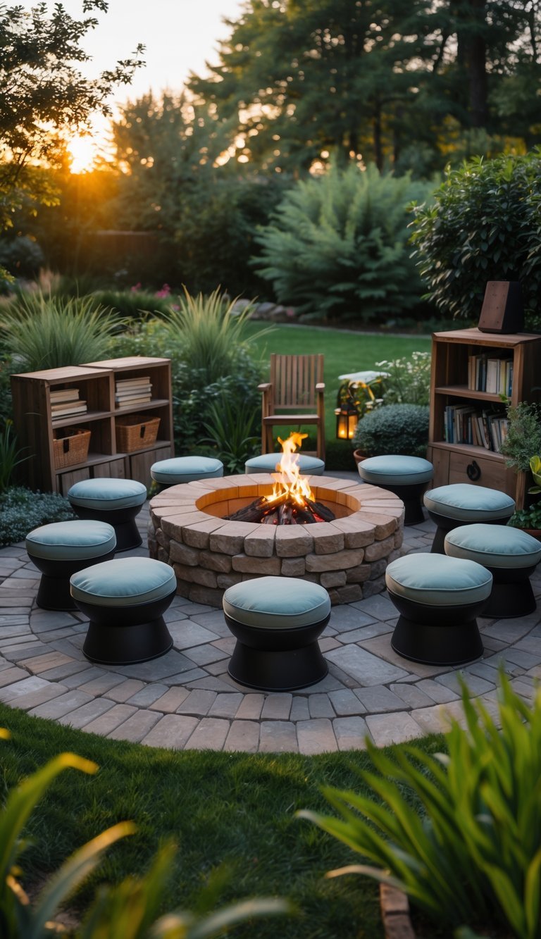 Outdoor garden nook with a fire pit circle surrounded by reading stools and wooden storage boxes holding books.