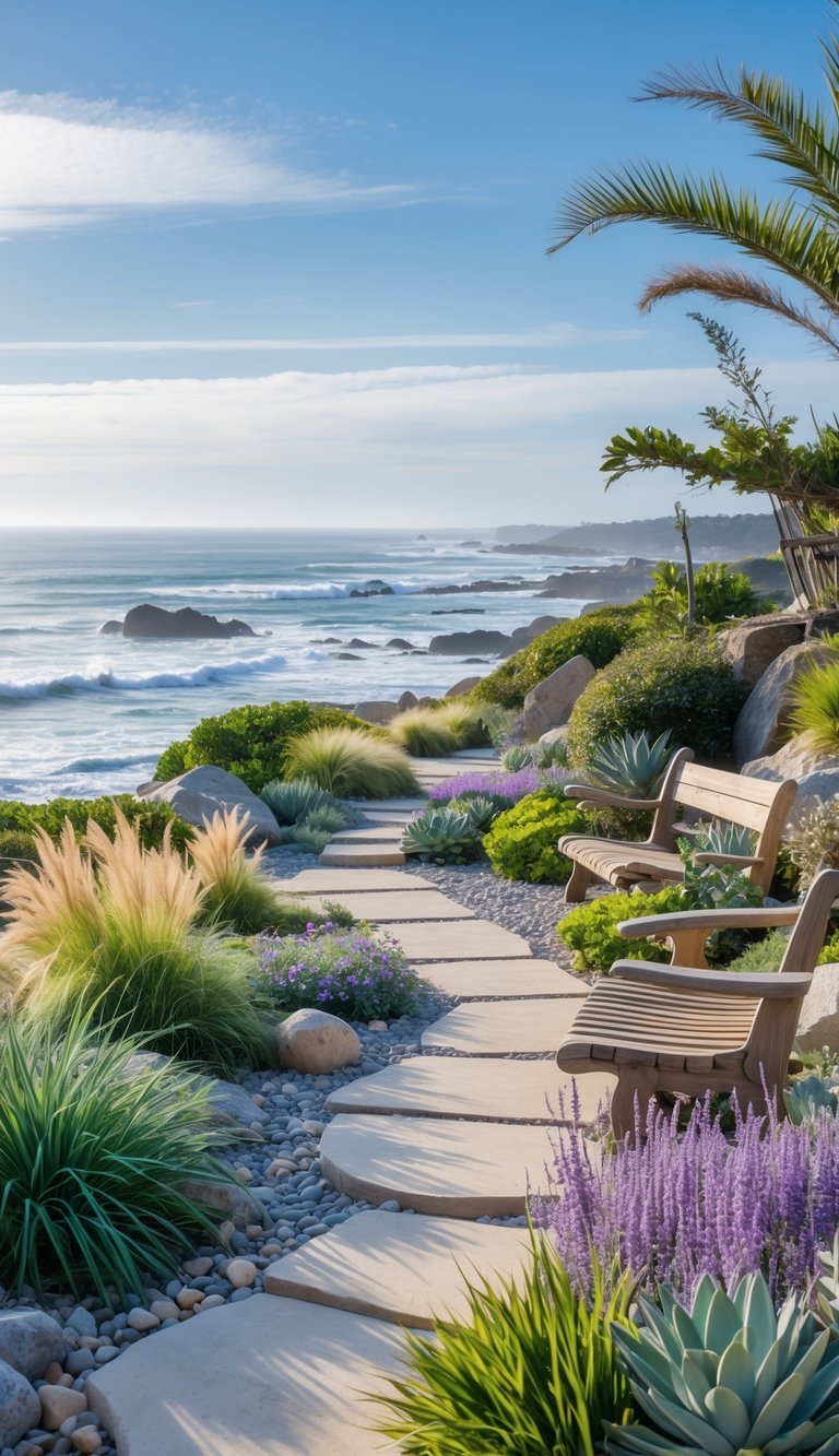 Coastal Garden Ideas: 12 Expert Tips for Beautiful, Low-Maintenance Yard Designs in the US 2 A coastal garden with lush plants, stone pathways, driftwood accents, and wooden benches overlooking the ocean and rocky shore under a clear blue sky.