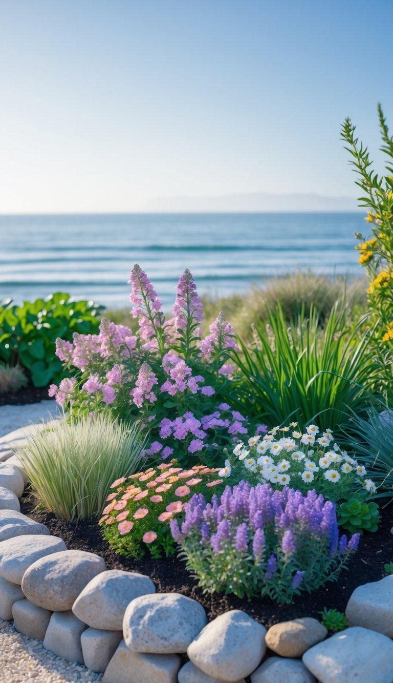 Coastal Garden Ideas: 12 Expert Tips for Beautiful, Low-Maintenance Yard Designs in the US 3 A coastal garden bed filled with colorful perennial plants and flowers overlooking the ocean under a clear blue sky.