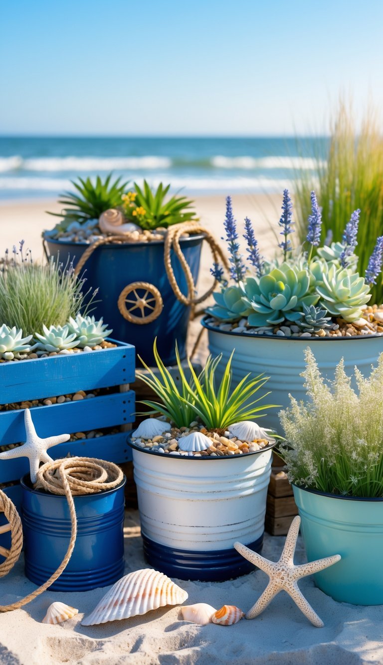 Coastal Garden Ideas: 12 Expert Tips for Beautiful, Low-Maintenance Yard Designs in the US 4 A coastal container garden featuring various plants in wooden crates and pots decorated with nautical elements like rope, seashells, and starfish near a sandy beach with waves in the background.