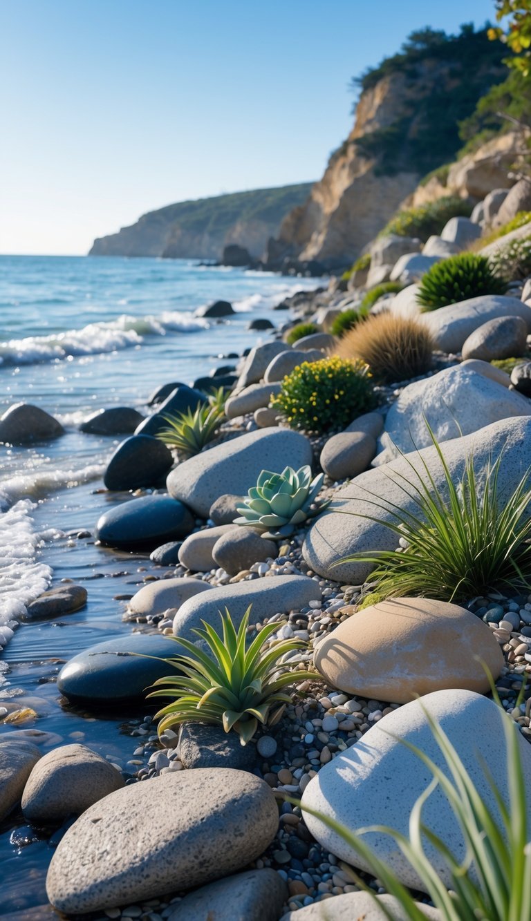 Coastal Garden Ideas: 12 Expert Tips for Beautiful, Low-Maintenance Yard Designs in the US 5 A peaceful coastal rock garden with rocks, coastal plants, and gentle ocean waves under a clear sky.