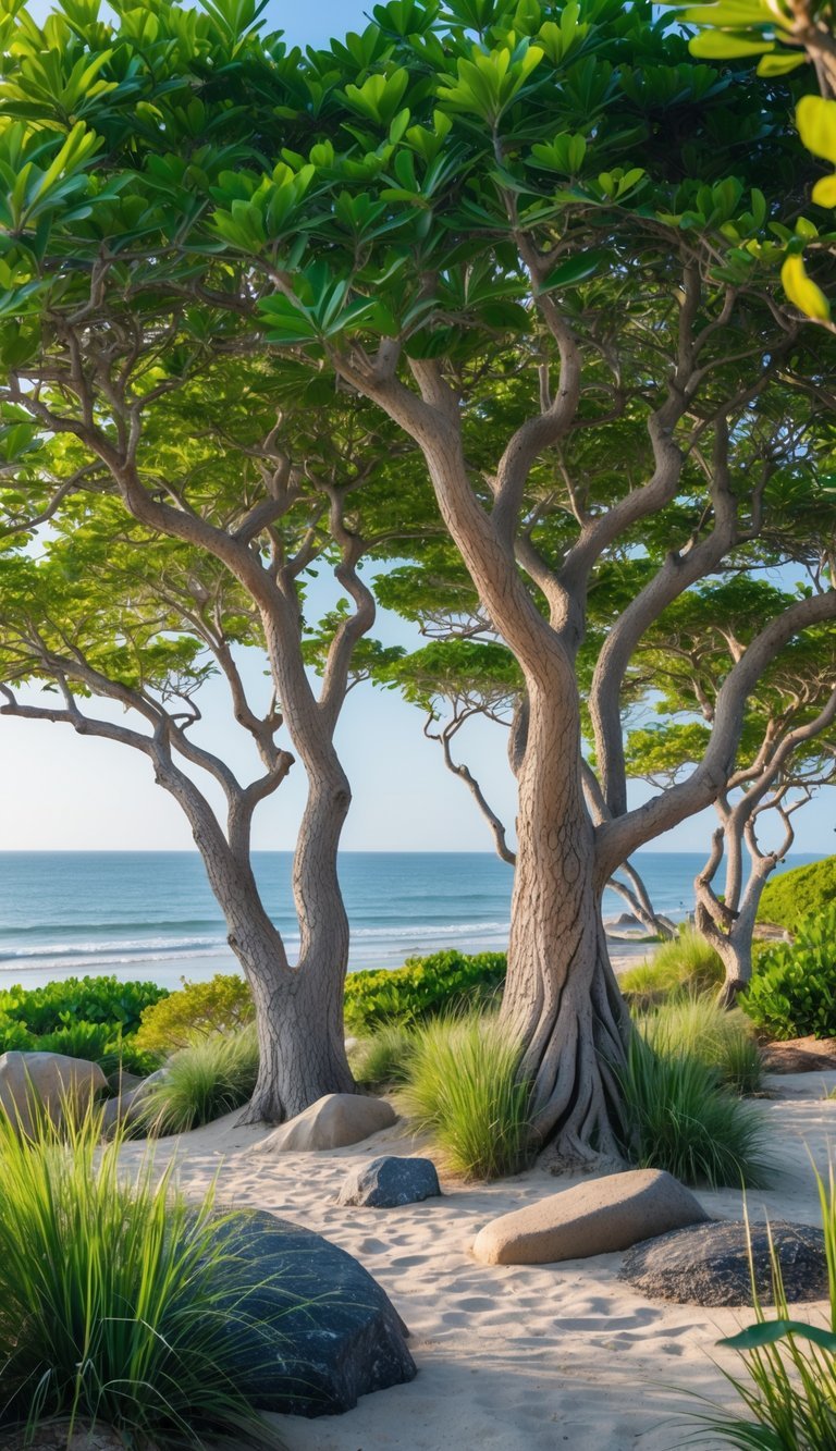 Coastal Garden Ideas: 12 Expert Tips for Beautiful, Low-Maintenance Yard Designs in the US 7 A grove of salt-tolerant trees growing in a coastal garden with sandy soil and ocean in the background.