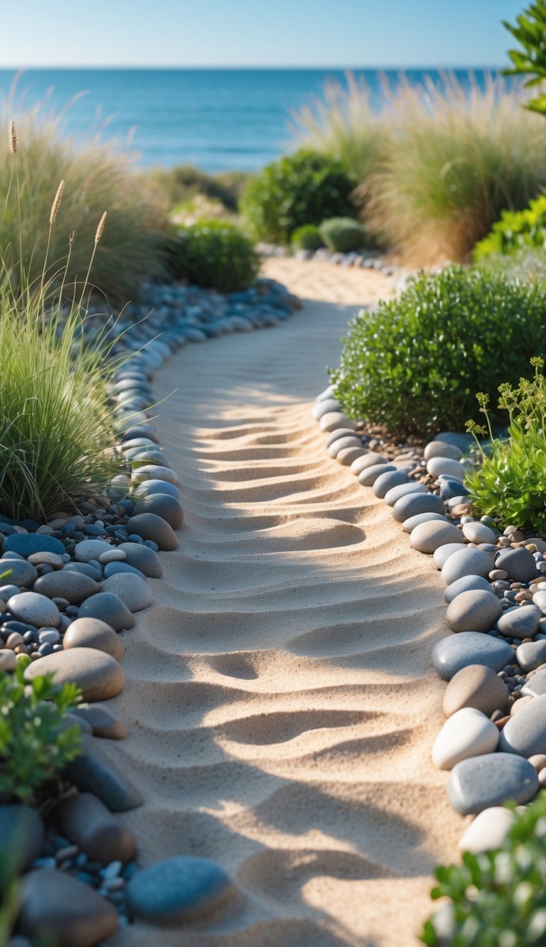 Coastal Garden Ideas: 12 Expert Tips for Beautiful, Low-Maintenance Yard Designs in the US 8 A sandy pathway with borders made of beach pebbles winding through a coastal garden with plants and the ocean in the background.