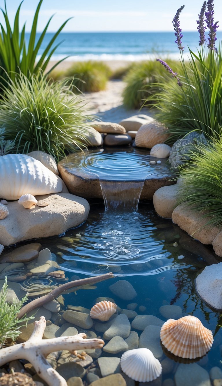 Coastal Garden Ideas: 12 Expert Tips for Beautiful, Low-Maintenance Yard Designs in the US 9 A coastal garden with water flowing over rocks into a clear pond, surrounded by green plants, driftwood, and seashells, with the ocean and sandy beach visible in the background.