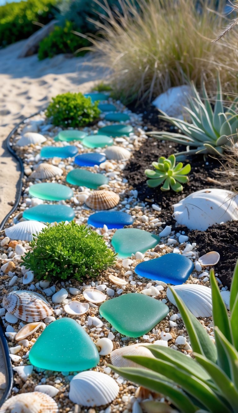 Coastal Garden Ideas: 12 Expert Tips for Beautiful, Low-Maintenance Yard Designs in the US 10 A coastal garden bed with colorful sea glass and crushed shells used as mulch around beach grasses and small flowering plants.