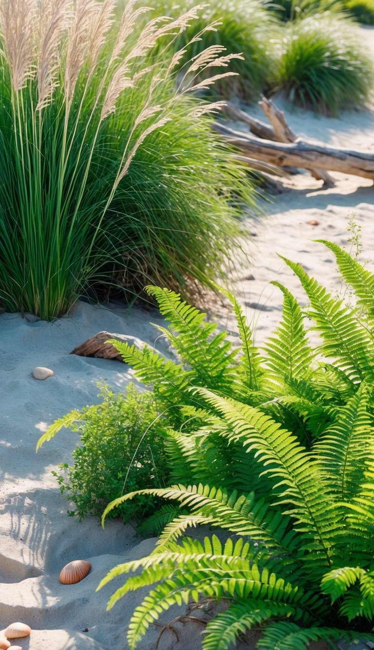 Coastal Garden Ideas: 12 Expert Tips for Beautiful, Low-Maintenance Yard Designs in the US 11 A coastal garden plot with tall sea oats and green ferns growing in sandy soil under natural sunlight.