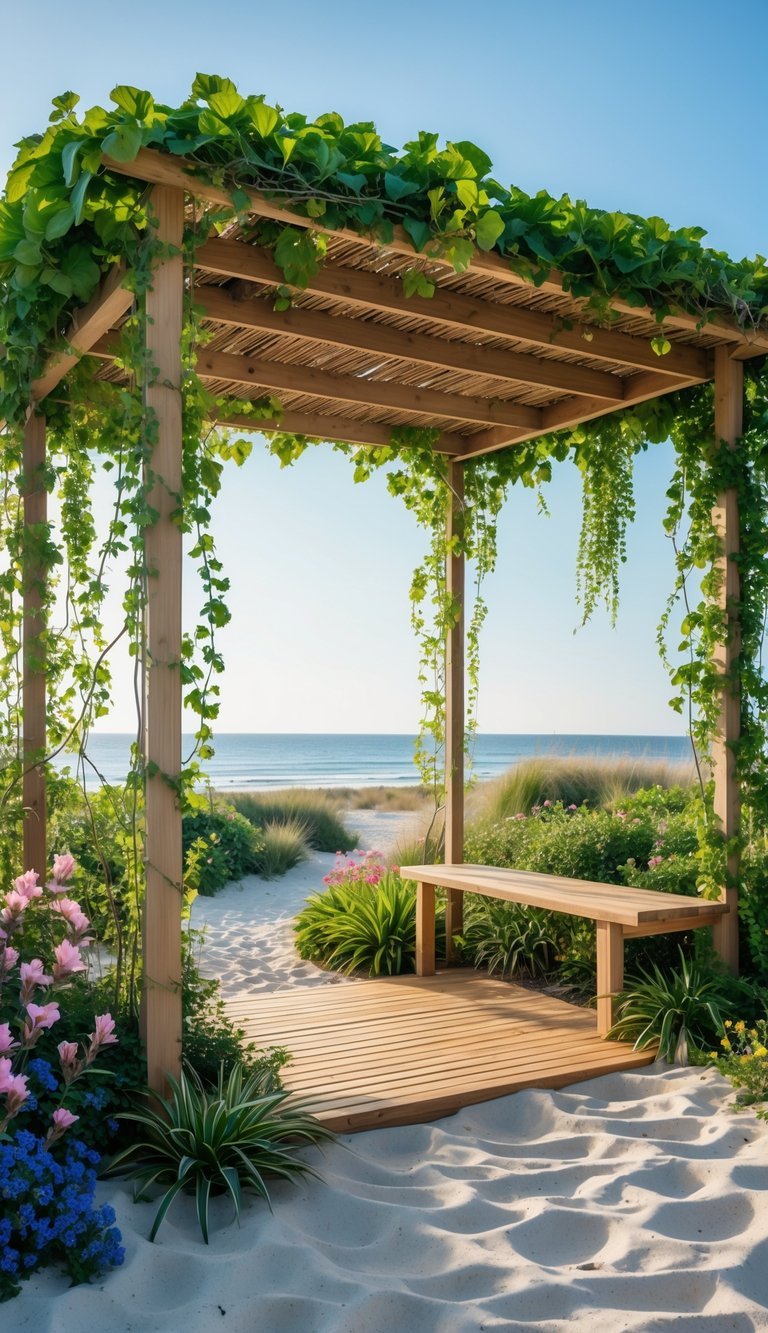 Coastal Garden Ideas: 12 Expert Tips for Beautiful, Low-Maintenance Yard Designs in the US 12 A wooden sun shelter covered with green climbing vines in a coastal garden with sandy paths and ocean visible in the background.