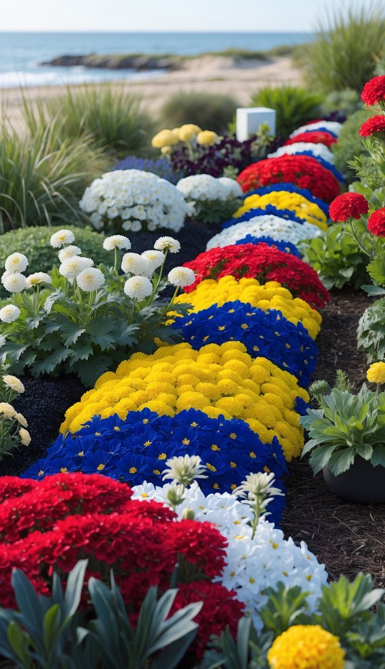 Coastal Garden Ideas: 12 Expert Tips for Beautiful, Low-Maintenance Yard Designs in the US 13 A coastal garden with colorful flowers arranged in patterns inspired by maritime flag colors, set against a seaside background with sand dunes and ocean waves.