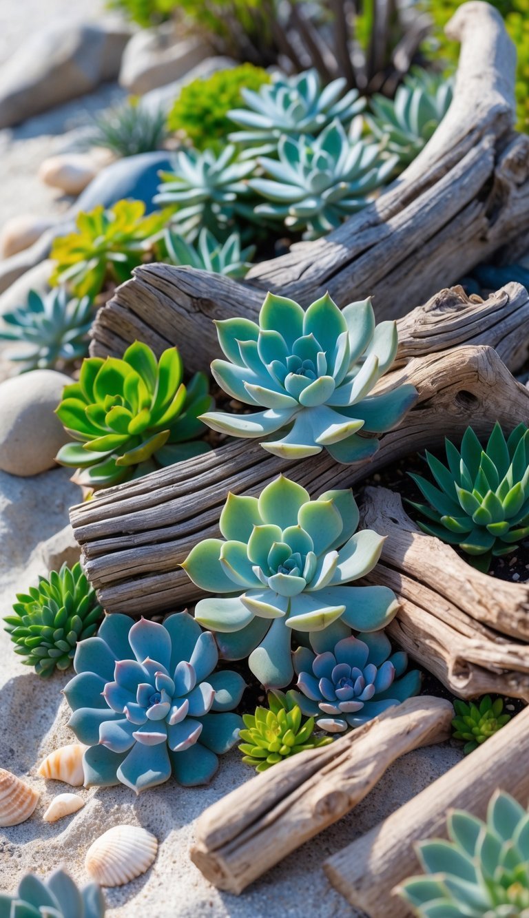 Coastal Garden Ideas: 12 Expert Tips for Beautiful, Low-Maintenance Yard Designs in the US 14 A coastal garden with driftwood pieces arranged among colorful succulent plants on sandy soil with seashells and pebbles.