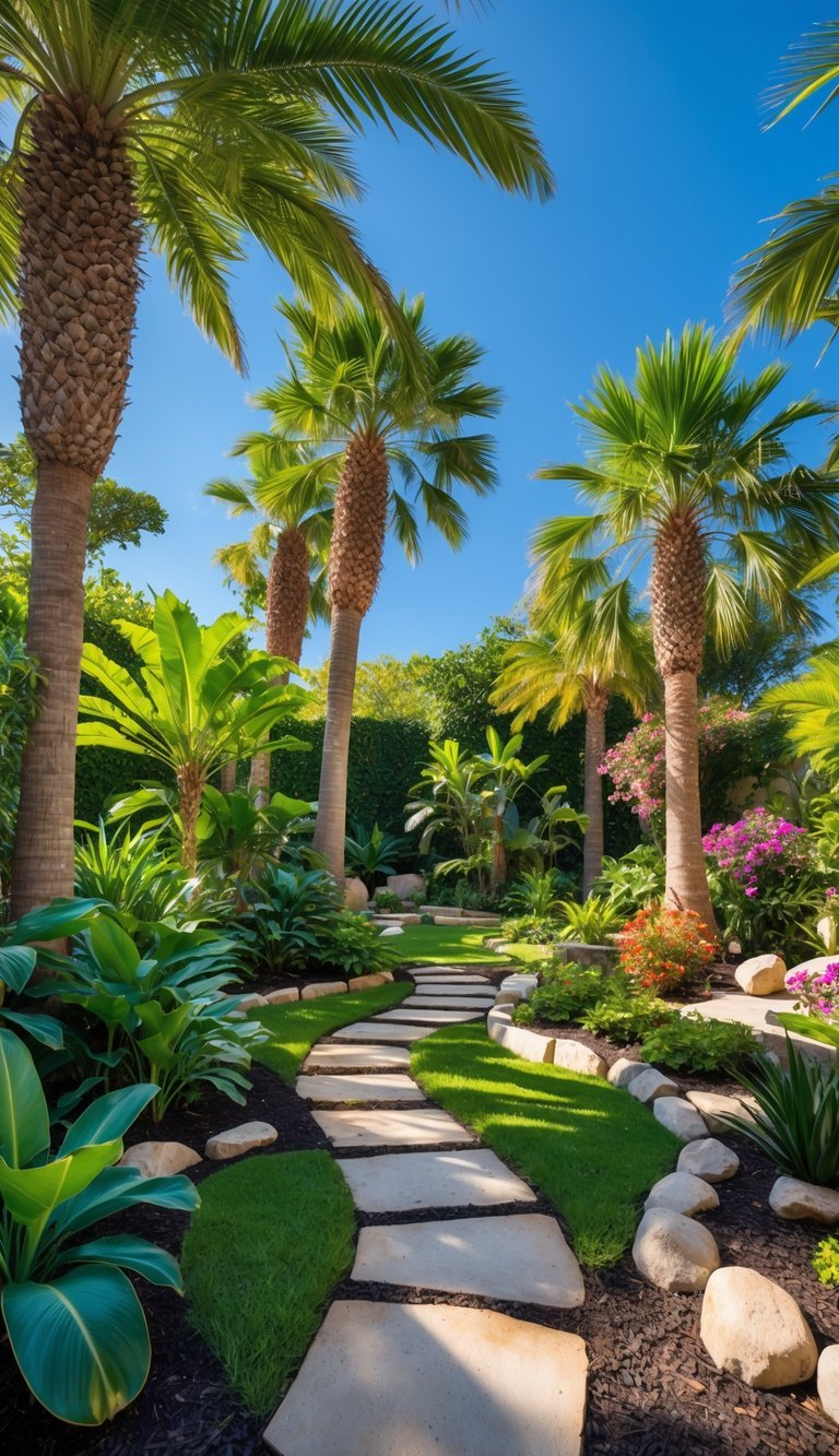 A vibrant exotic palm garden with various palm trees, tropical plants, and colorful flowers along stone pathways under a clear blue sky.