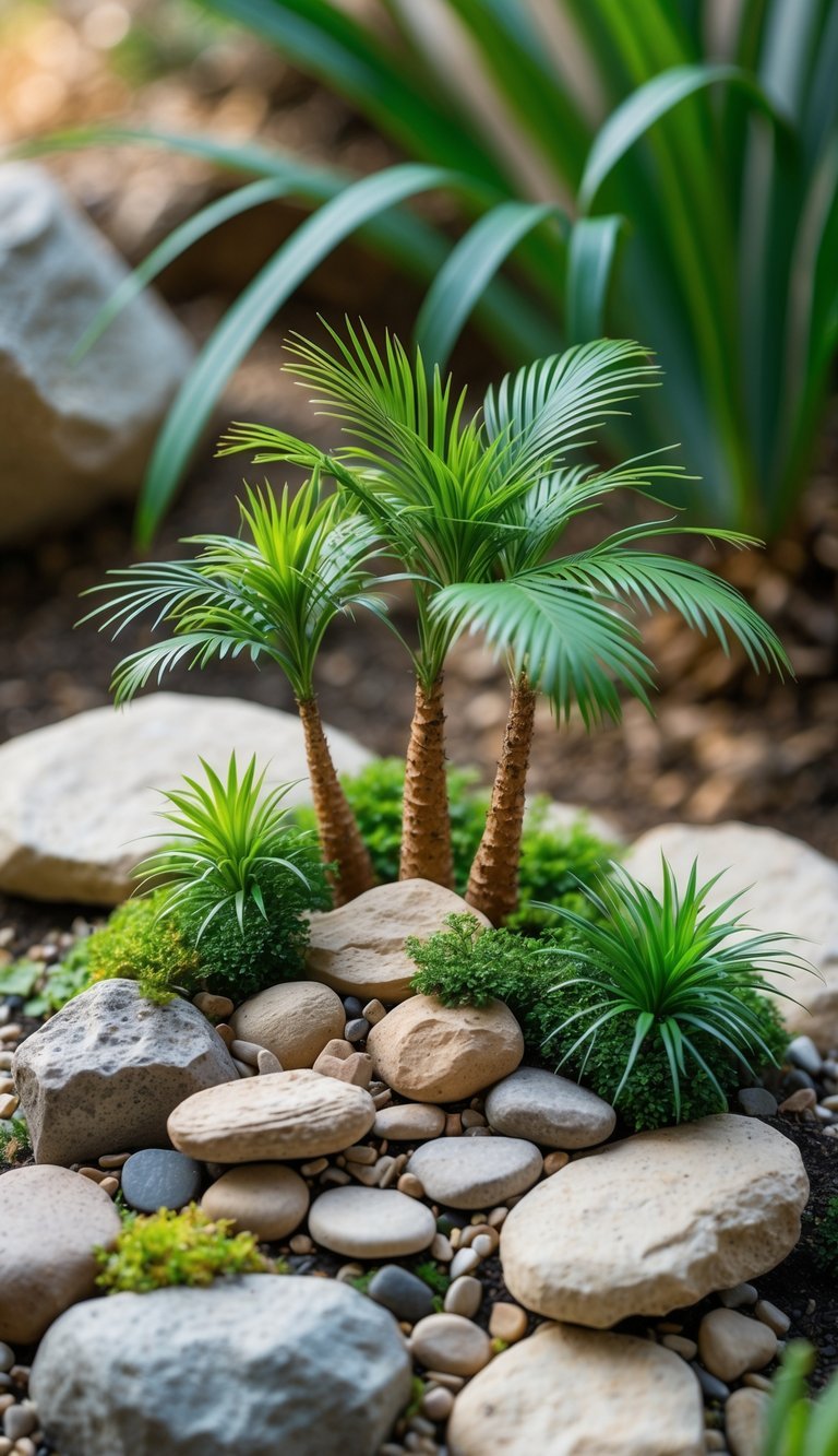 A miniature palm rock garden with small green palm plants surrounded by smooth natural stones.