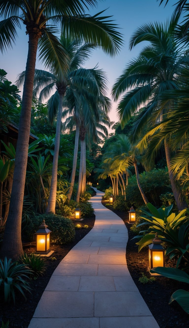 A winding stone pathway lined with tall palm trees and soft ambient lighting in a tropical garden at dusk.
