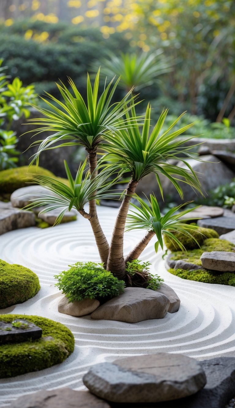 A peaceful garden with small bonsai-style palm trees surrounded by raked white sand and natural stones.