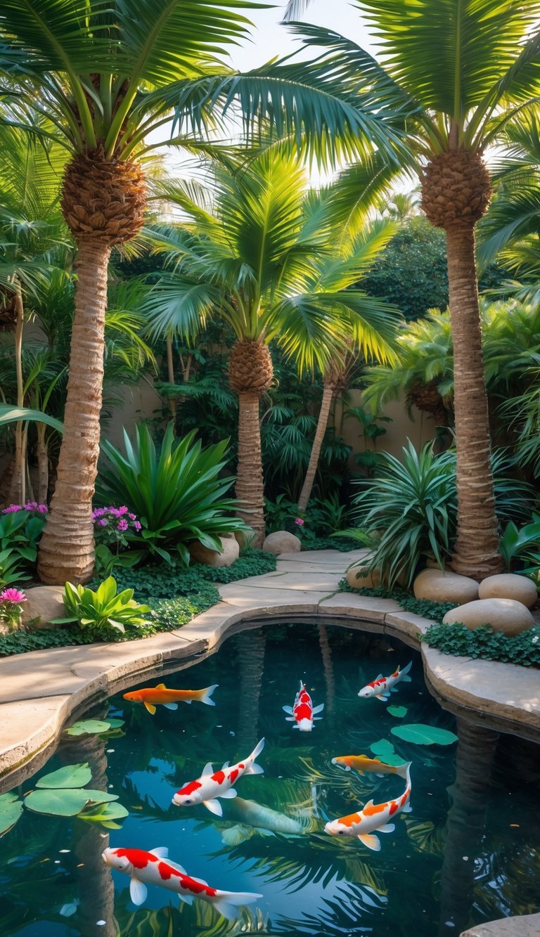 A tranquil garden with a koi pond surrounded by tall palm trees and colorful fish swimming in clear water.