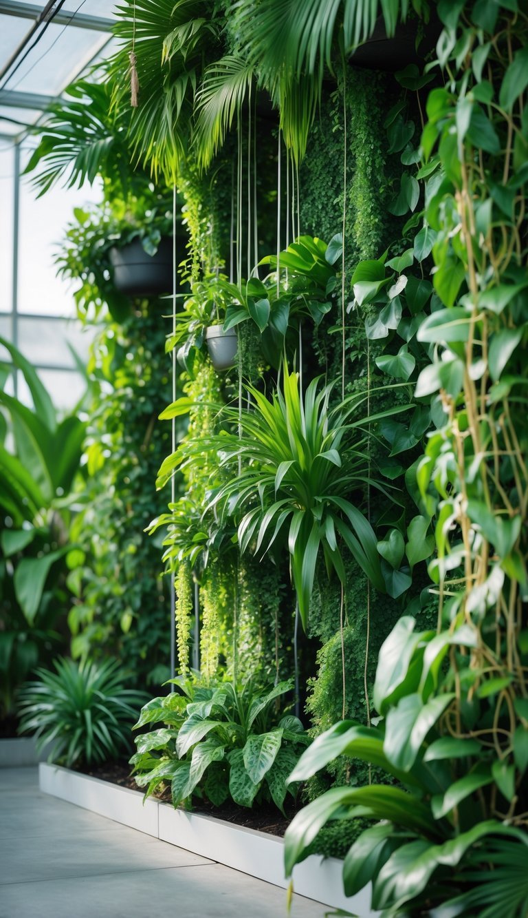 A hanging palm garden with vertical greenery featuring various palm leaves and tropical plants in a lush outdoor setting.