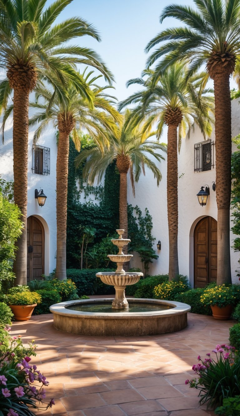A courtyard with exotic palm trees surrounding a stone fountain, terracotta tiles, green shrubs, and flowering plants under sunlight.