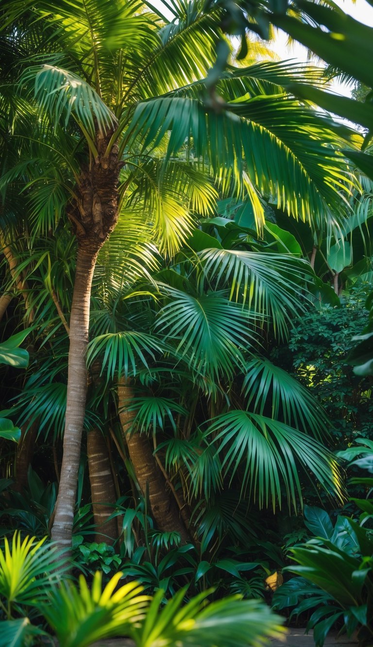 Dense cluster of green exotic palm trees in a tropical garden with sunlight filtering through the leaves.