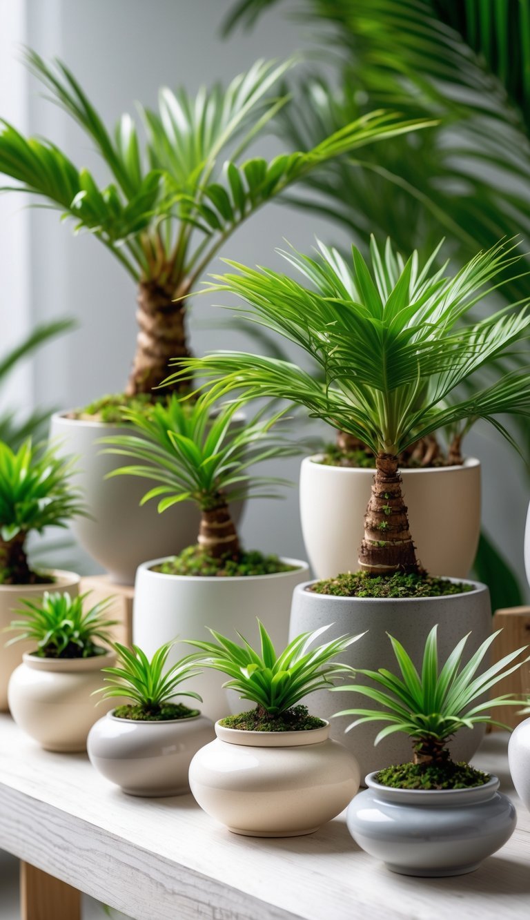 A collection of small bonsai palm plants in ceramic pots arranged on a wooden surface.