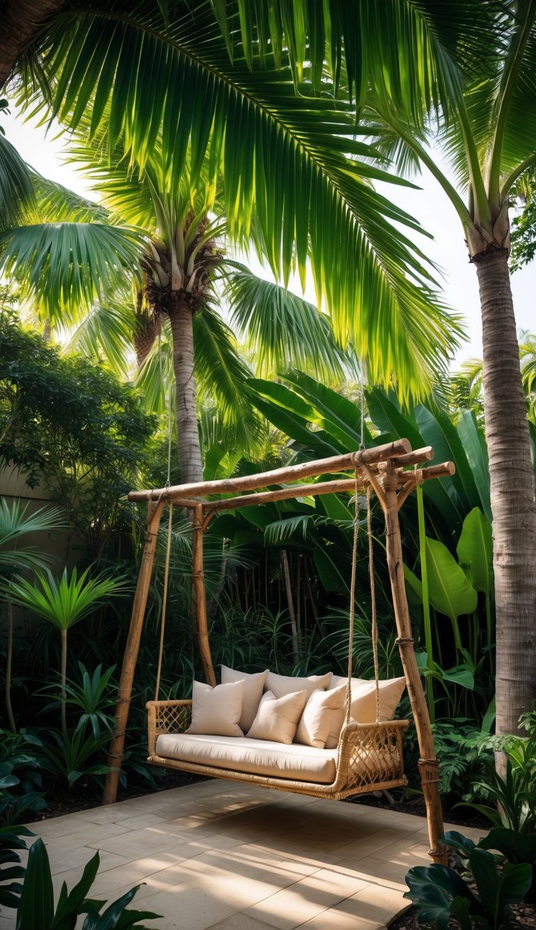 A swing seating area under a canopy of tall palm trees in a tropical garden.
