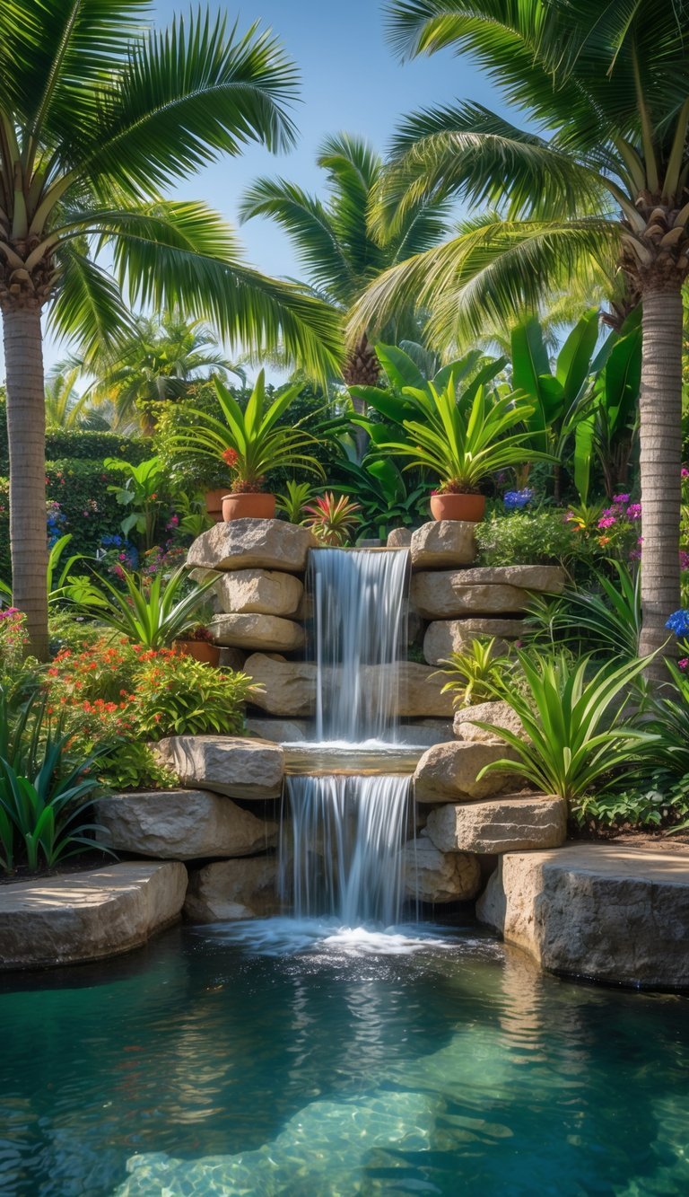 A tranquil garden scene with a waterfall surrounded by tall palm trees and tropical plants.