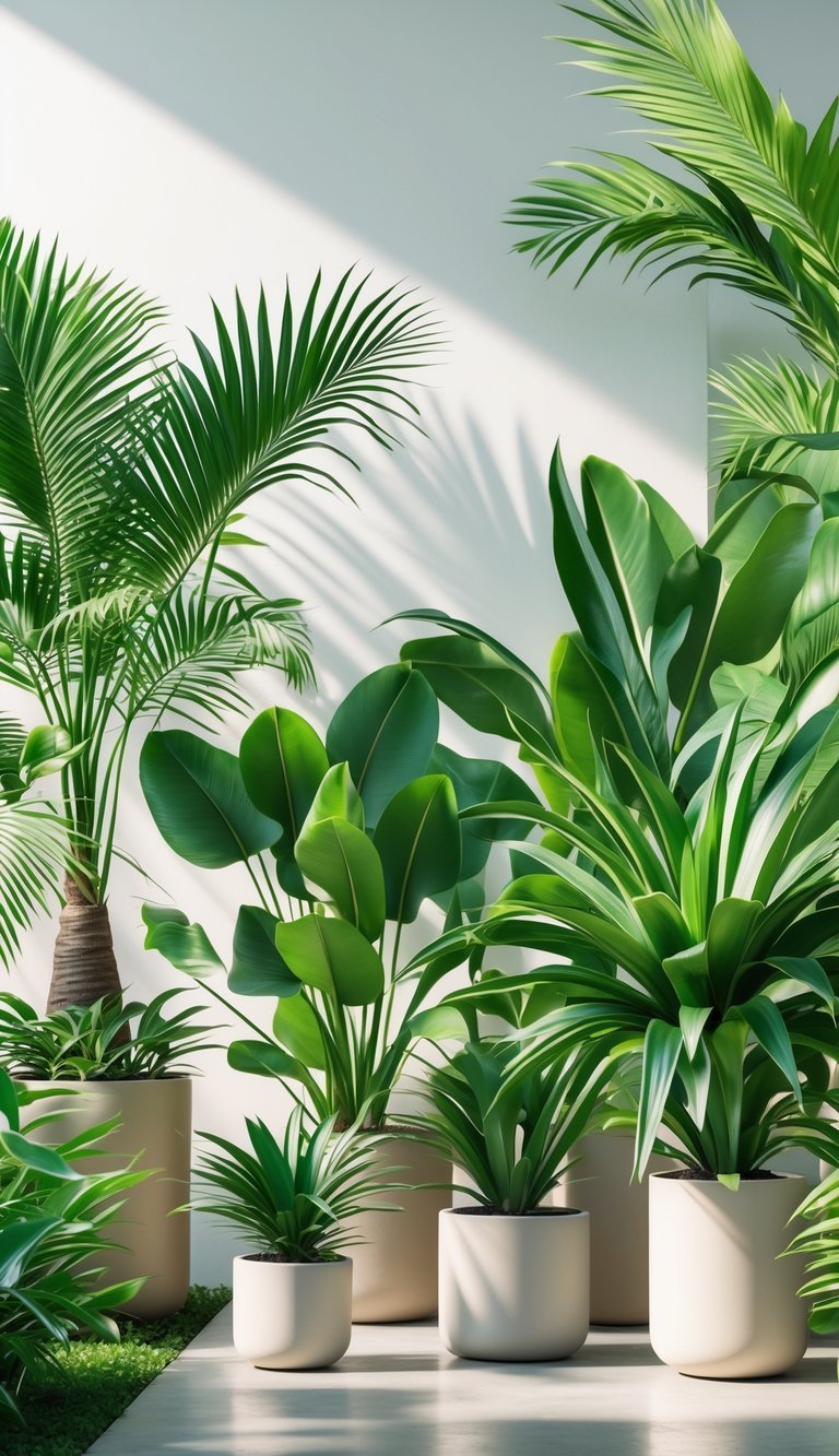A garden scene with various exotic palm plants arranged in simple pots, showing lush green leaves and natural lighting.