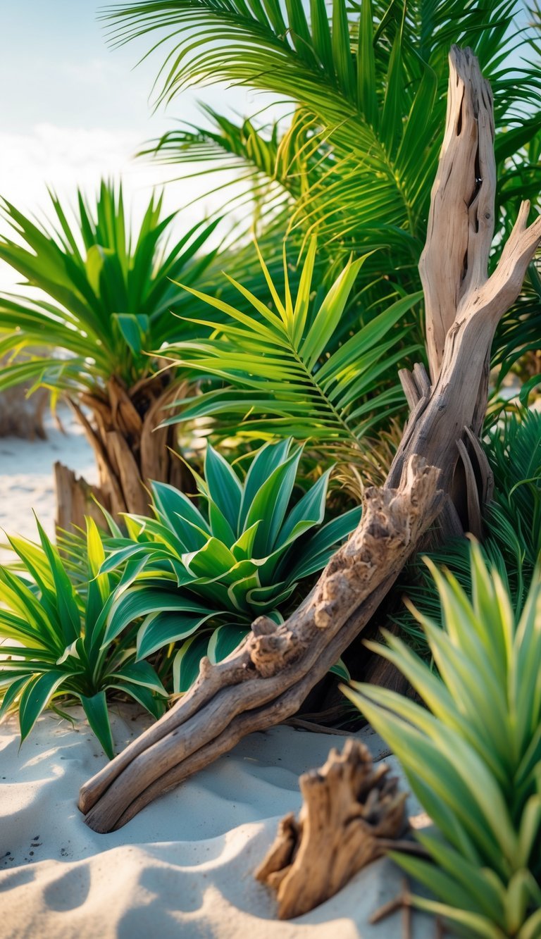 A garden scene with green palm plants and weathered driftwood arranged on a sandy surface.