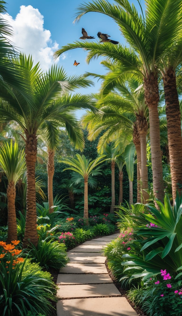 A lush exotic palm garden with various palm trees, tropical flowers, and small birds flying among the greenery under a sunny blue sky.