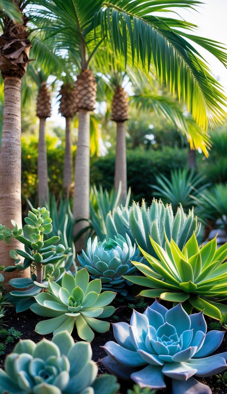 A garden scene with tall exotic palm trees and a variety of succulent plants growing together.