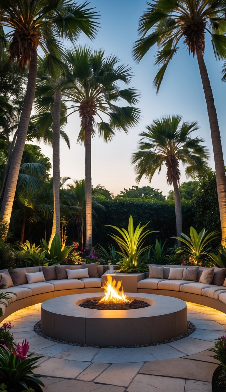 Outdoor fire pit lounge area surrounded by tall palm trees and tropical plants.
