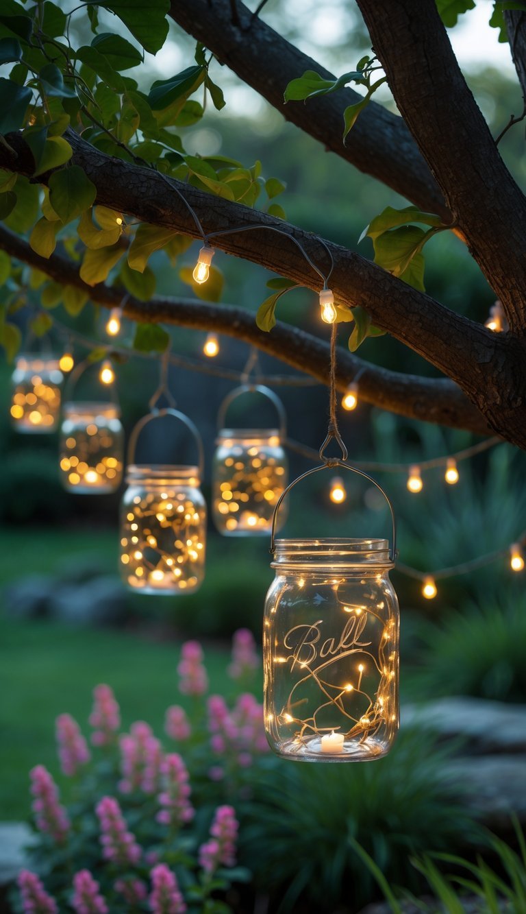 Several glowing mason jar lanterns hanging from tree branches in a garden.