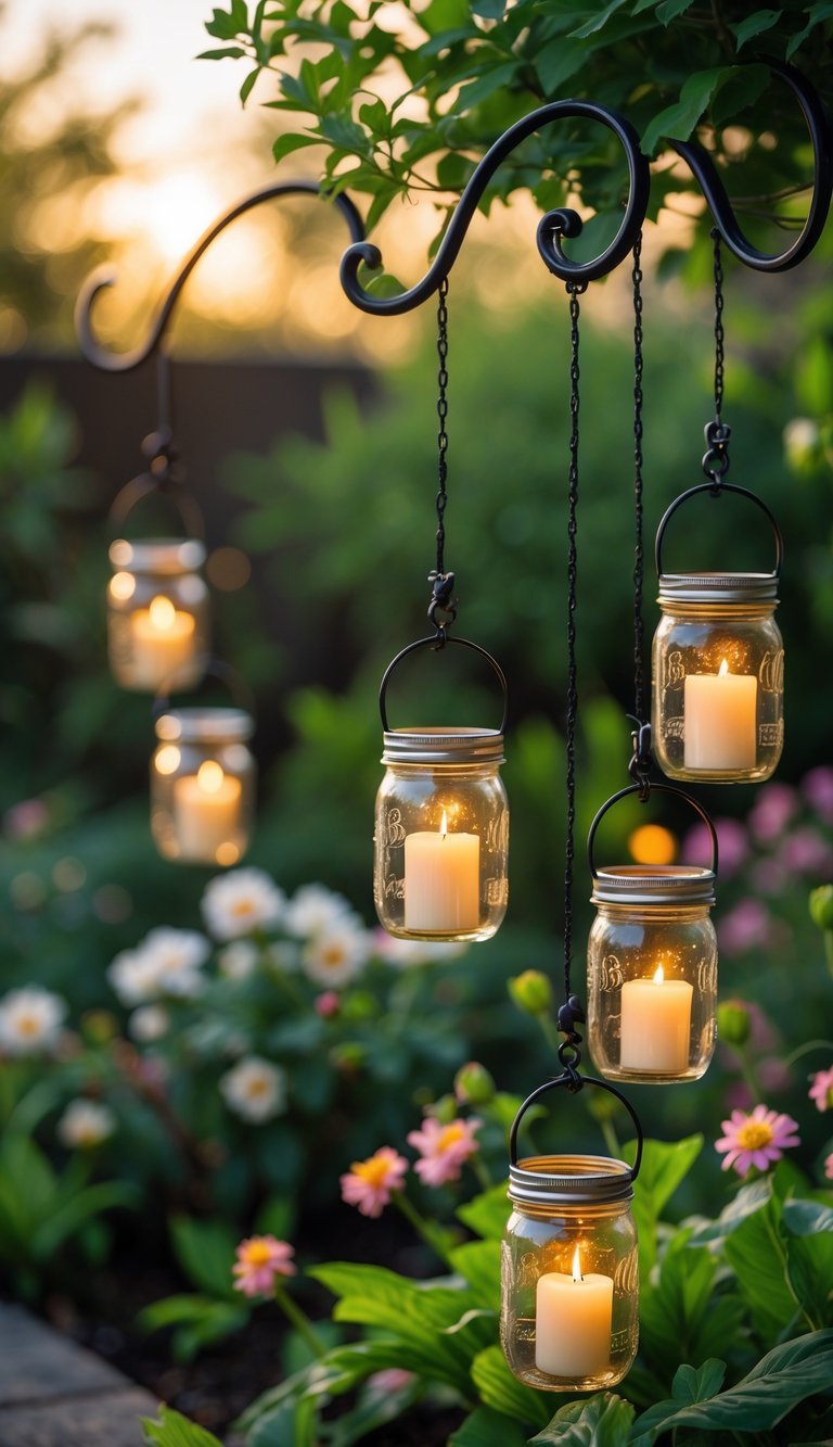 Mason jar lanterns hanging from shepherd hooks in a garden with glowing candles and green plants in the background.