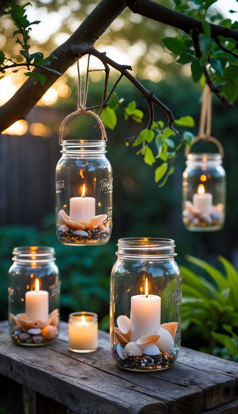 Mason jar lanterns filled with seashells and candles hanging and placed in a garden surrounded by greenery.