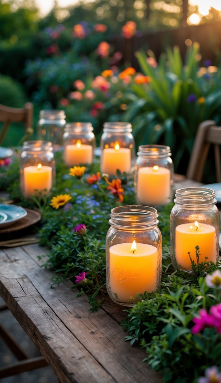 A garden table with mason jar lanterns glowing softly among green plants and flowers.