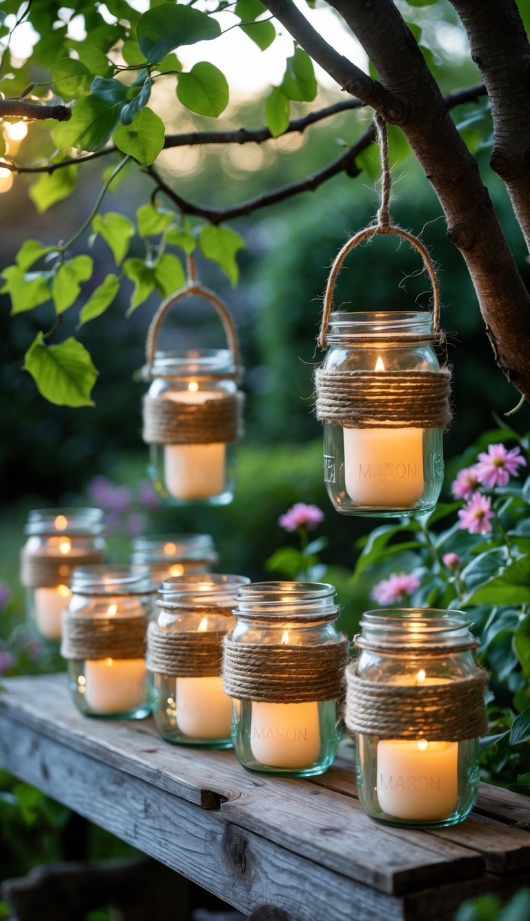 Nine mason jar lanterns wrapped with twine hanging and placed in a garden with glowing lights and surrounding plants.