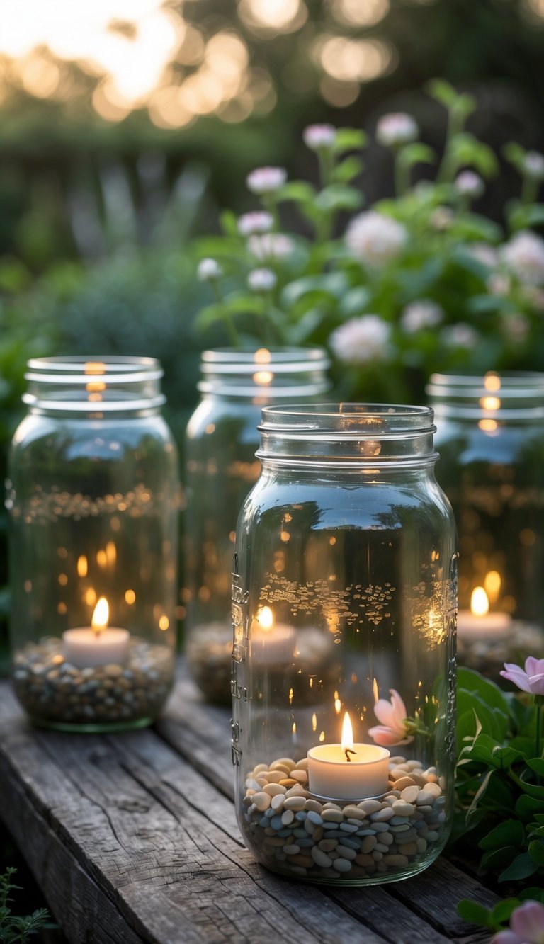 Several mason jar lanterns with pebbles and lit tea light candles arranged on a wooden surface in a garden surrounded by plants.