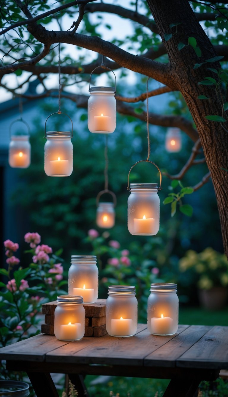Several frosted glass mason jar lanterns with glowing candles hanging from tree branches and sitting on a wooden table in a garden surrounded by green plants and flowers.