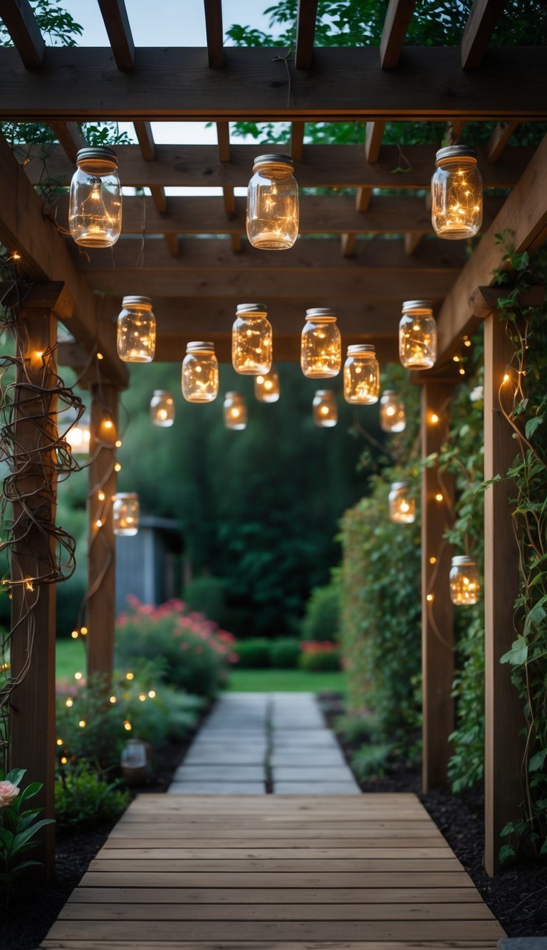 Garden pergola with hanging mason jar lanterns glowing softly among green plants.