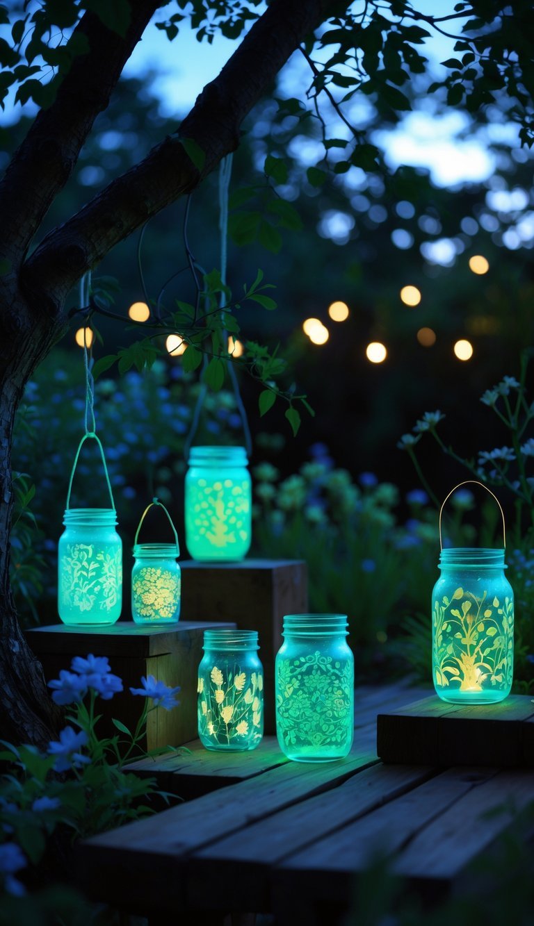 Several glowing mason jar lanterns hanging and placed in a garden at twilight, illuminating the surrounding plants and flowers.